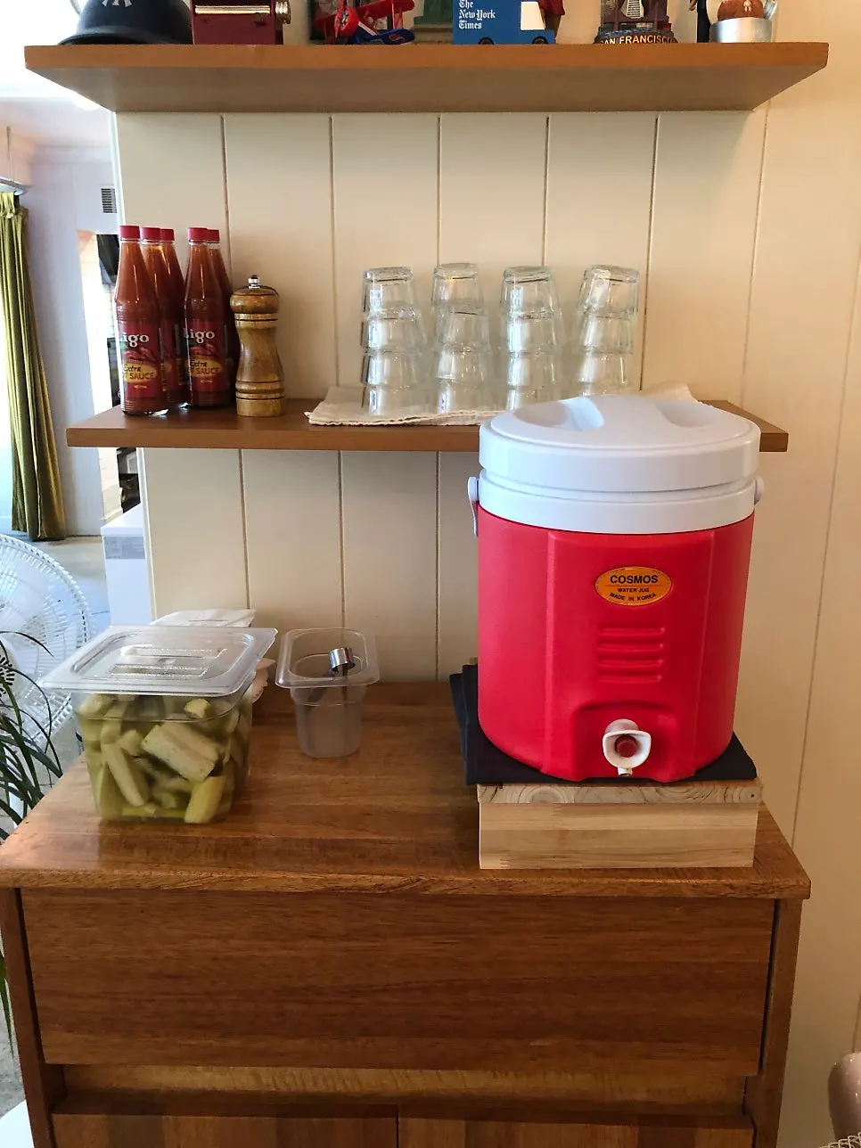 Self-serve bar with water and pickles