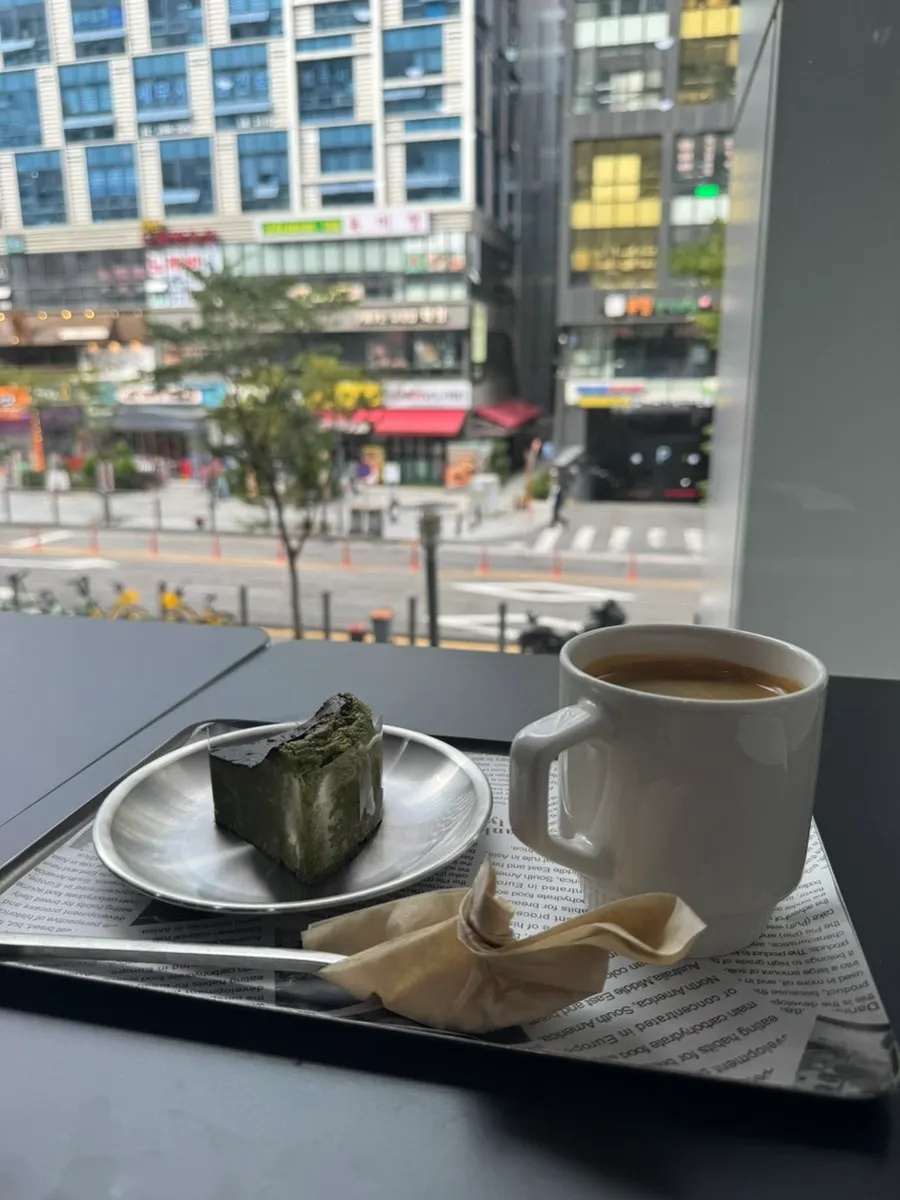 Matcha basque cheesecake and decaf americano