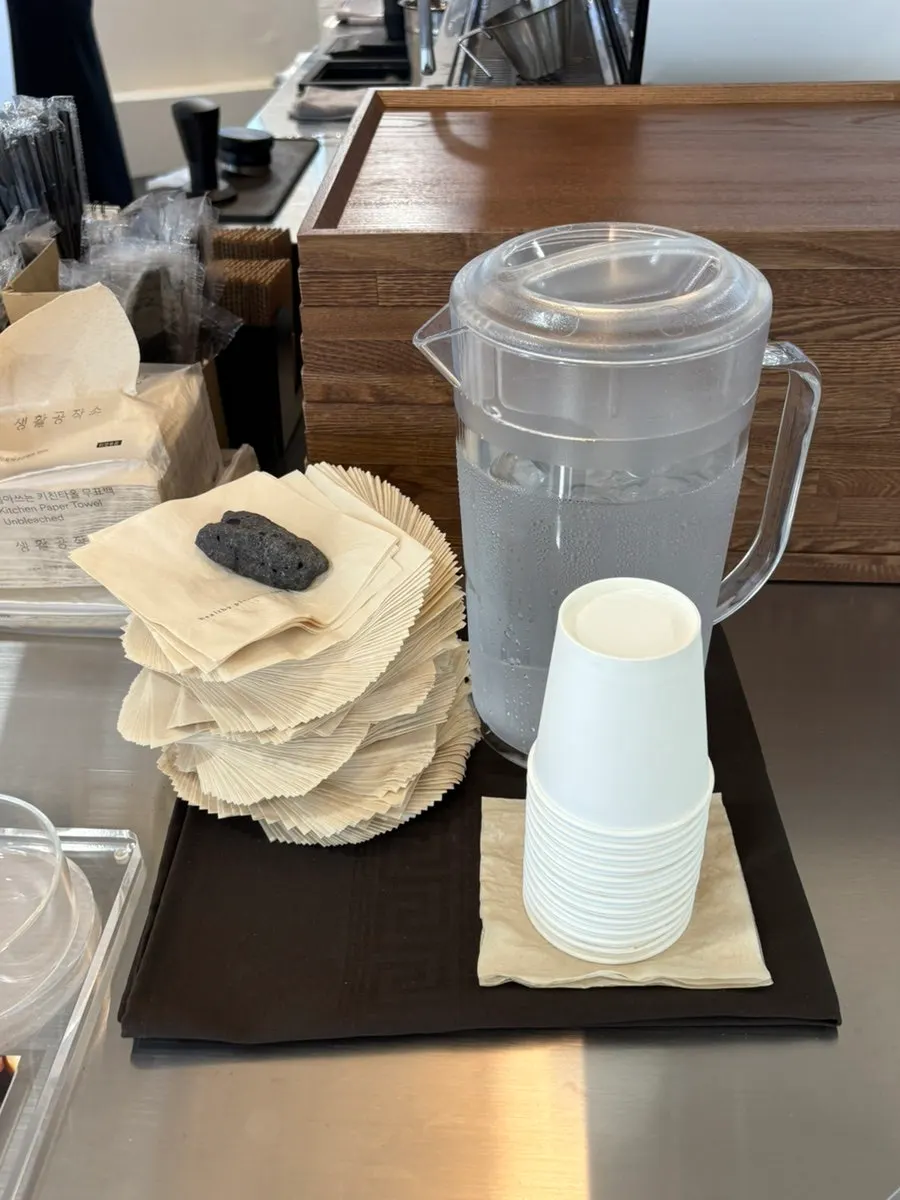 Café counter with water and tissues set out
