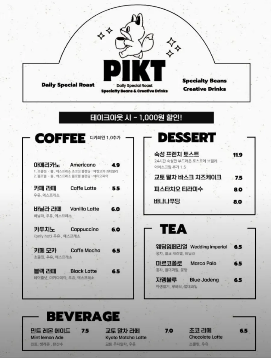 Menu board at PICT Roastery Mangwon Branch