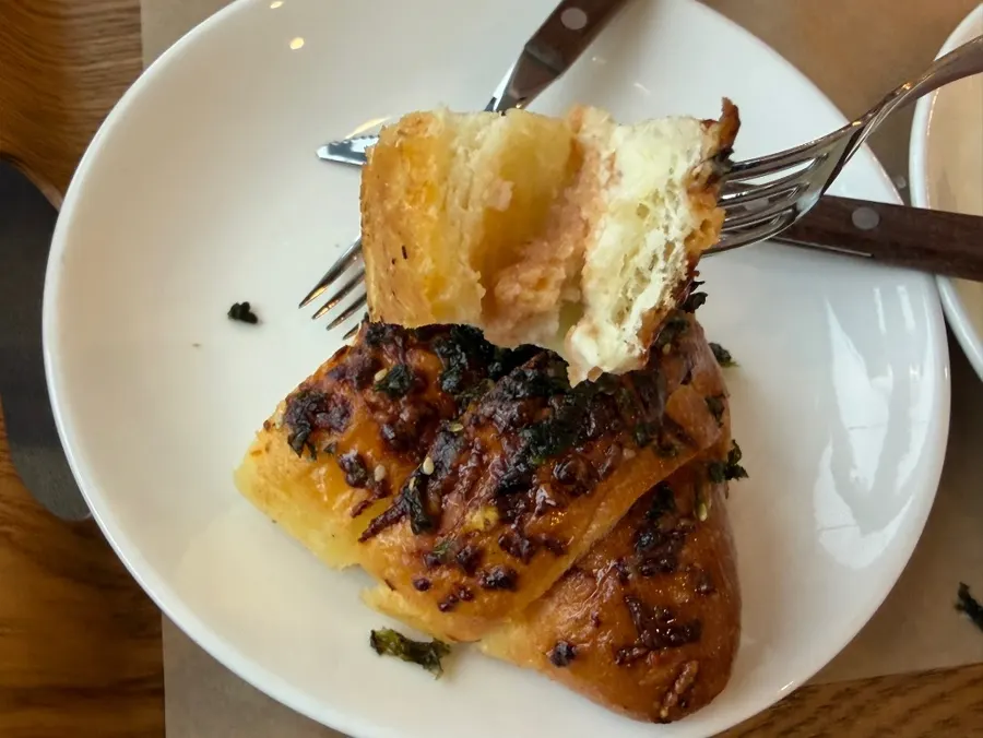 Salt bread topped with pollack roe sauce and seaweed flakes