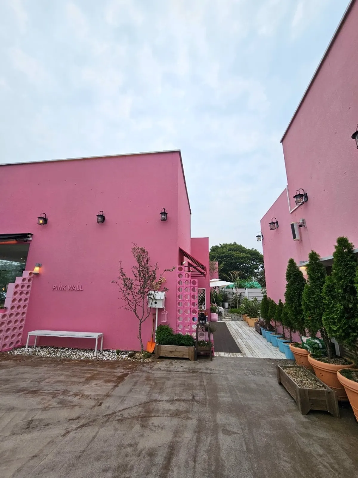 Parking space and pink building in front of Pink Wall Cafe