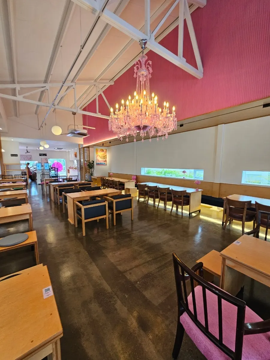 Seating and plants on the back terrace of Pink Wall Cafe