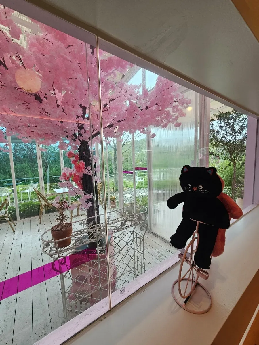 Pink decorative accents throughout the interior of Pink Wall Cafe