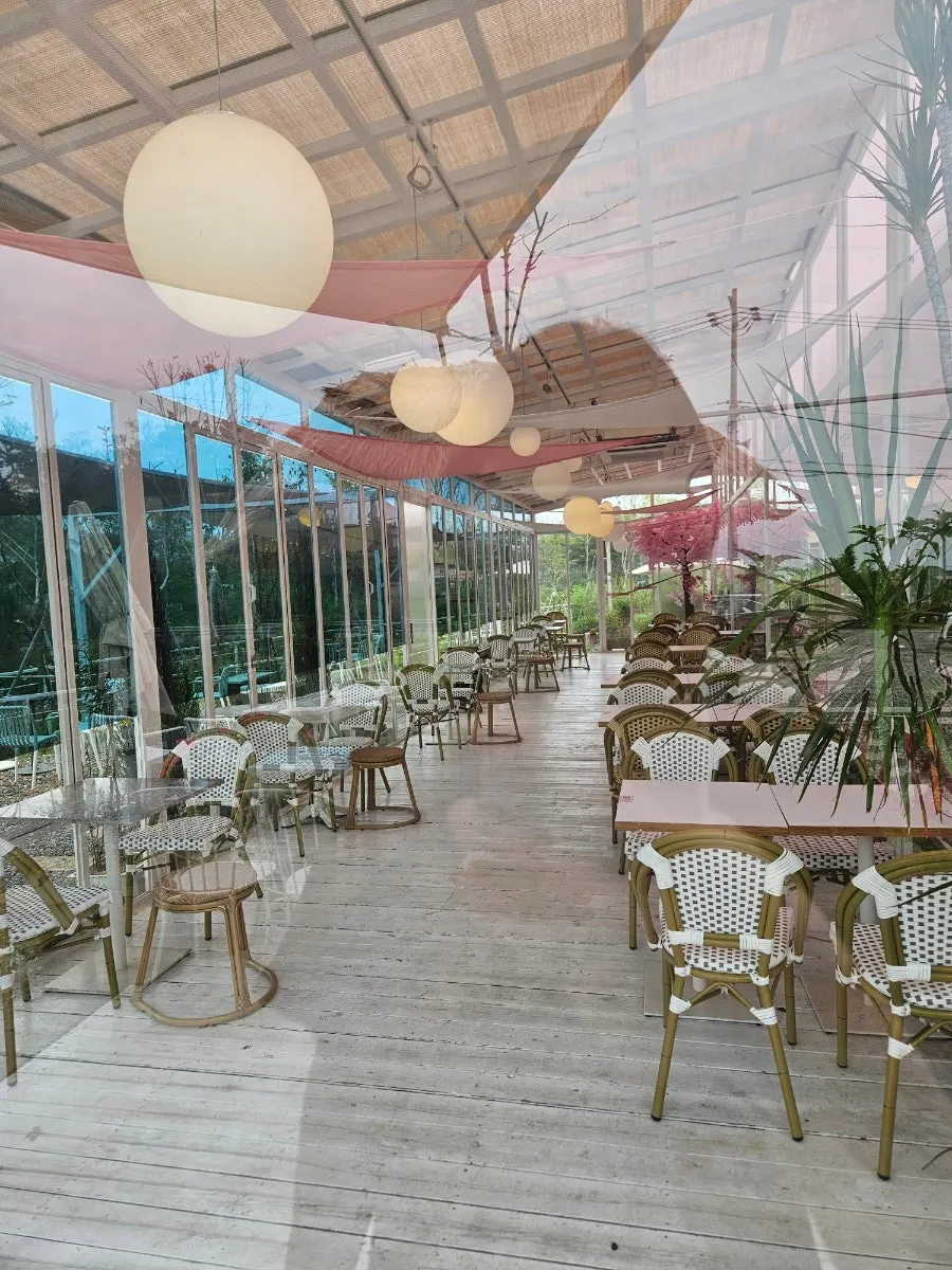 Interior decor and seating at Pink Wall Cafe