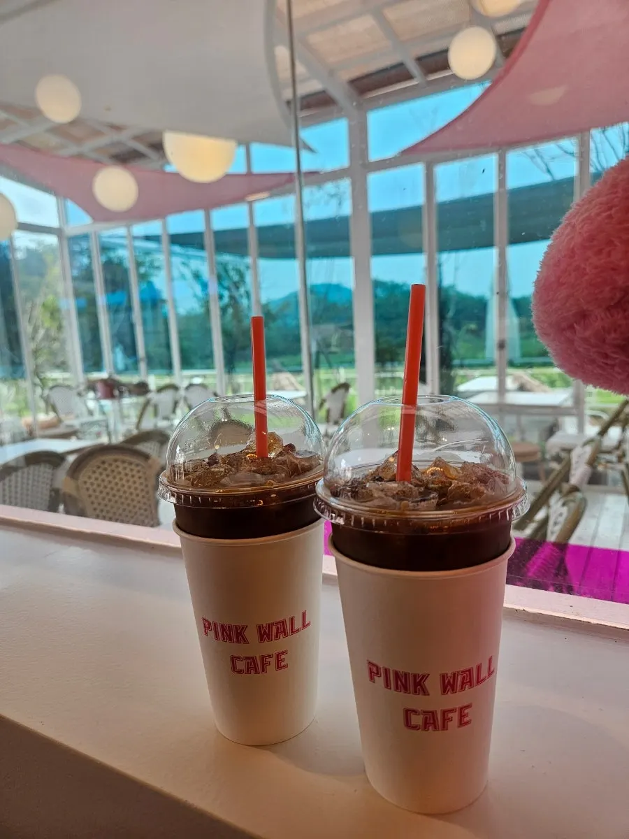Two iced vanilla lattes at Pink Wall Cafe