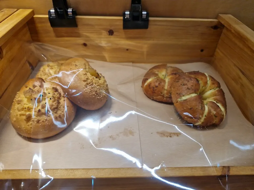 Bagel display case at Pink Wall Cafe