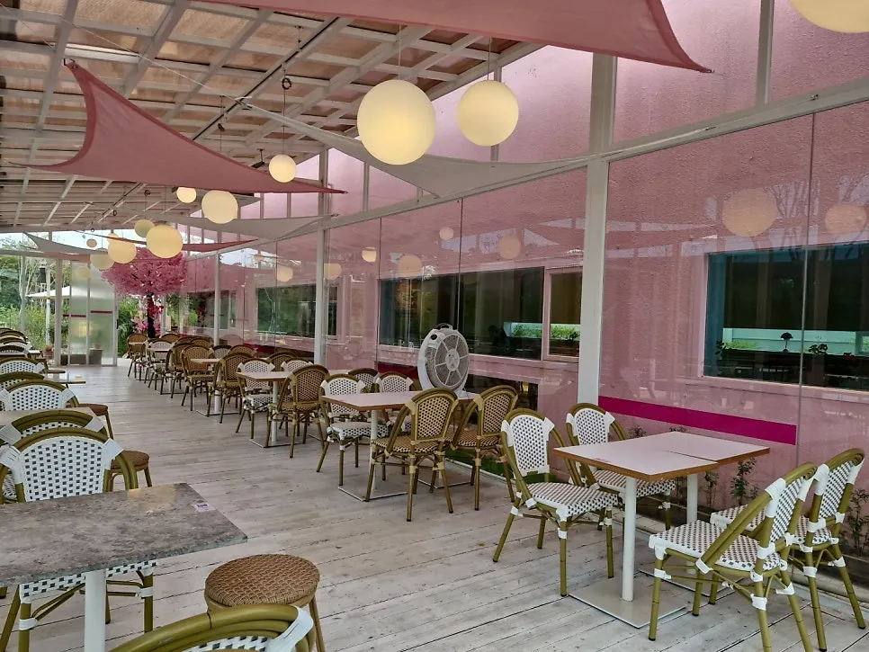 Outdoor greenhouse space at Pink Wall Cafe
