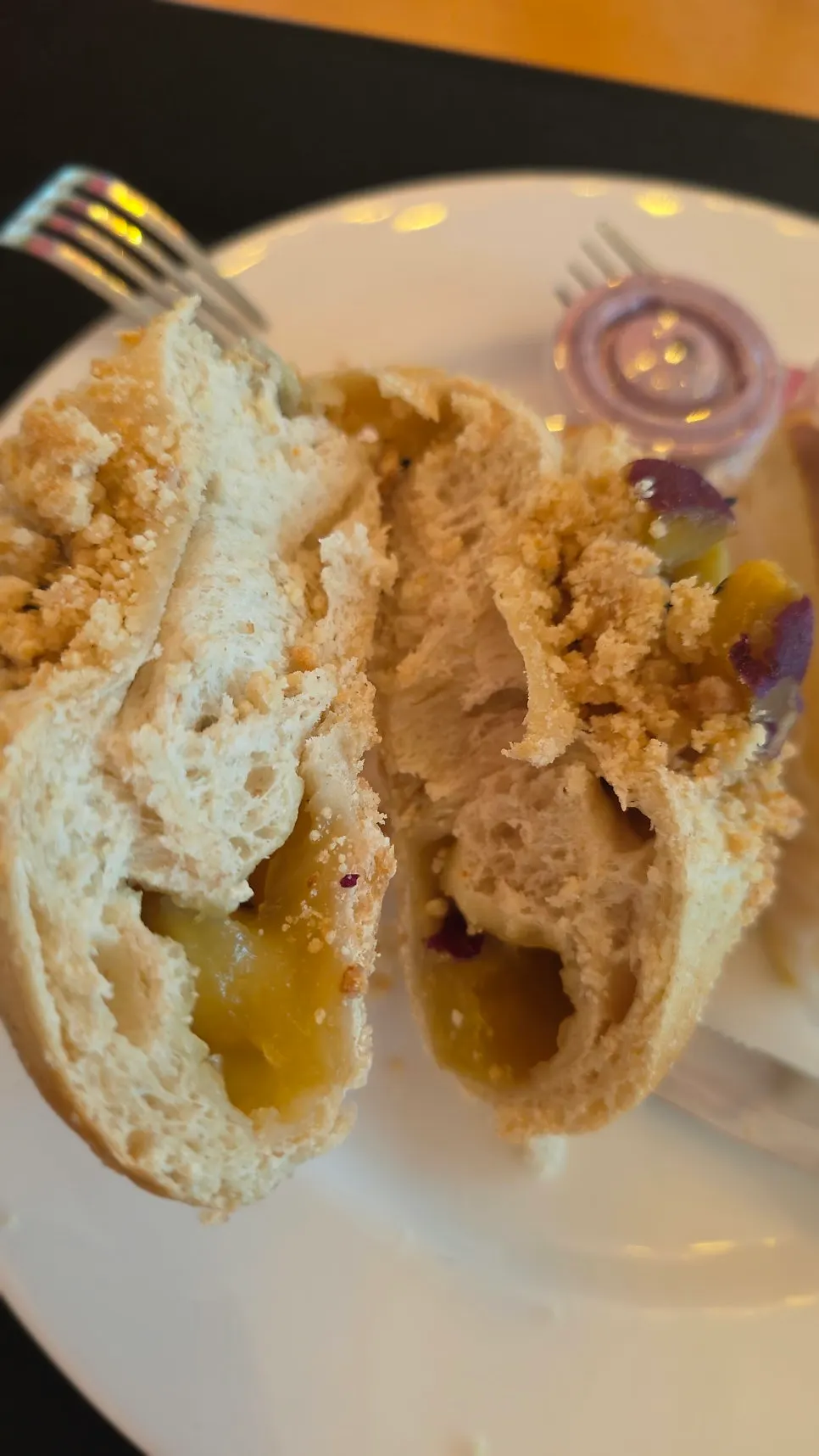 Cross-section of the bagel filled with sweet potato paste