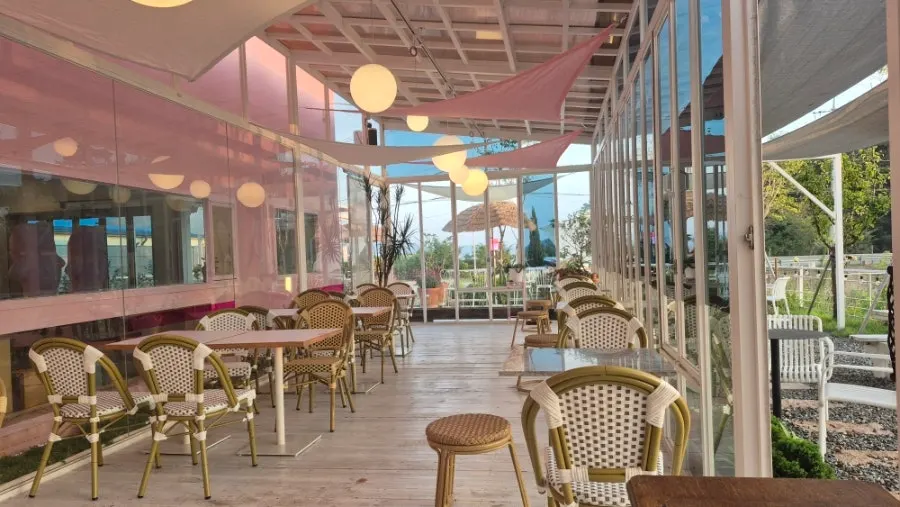 Spacious seating area at Pink Wall Cafe