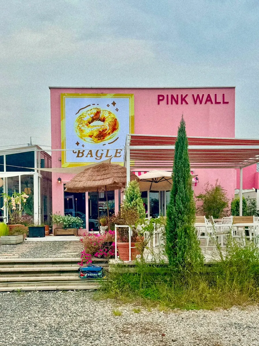 Pink building exterior of Pink Wall Cafe in Yeongjong