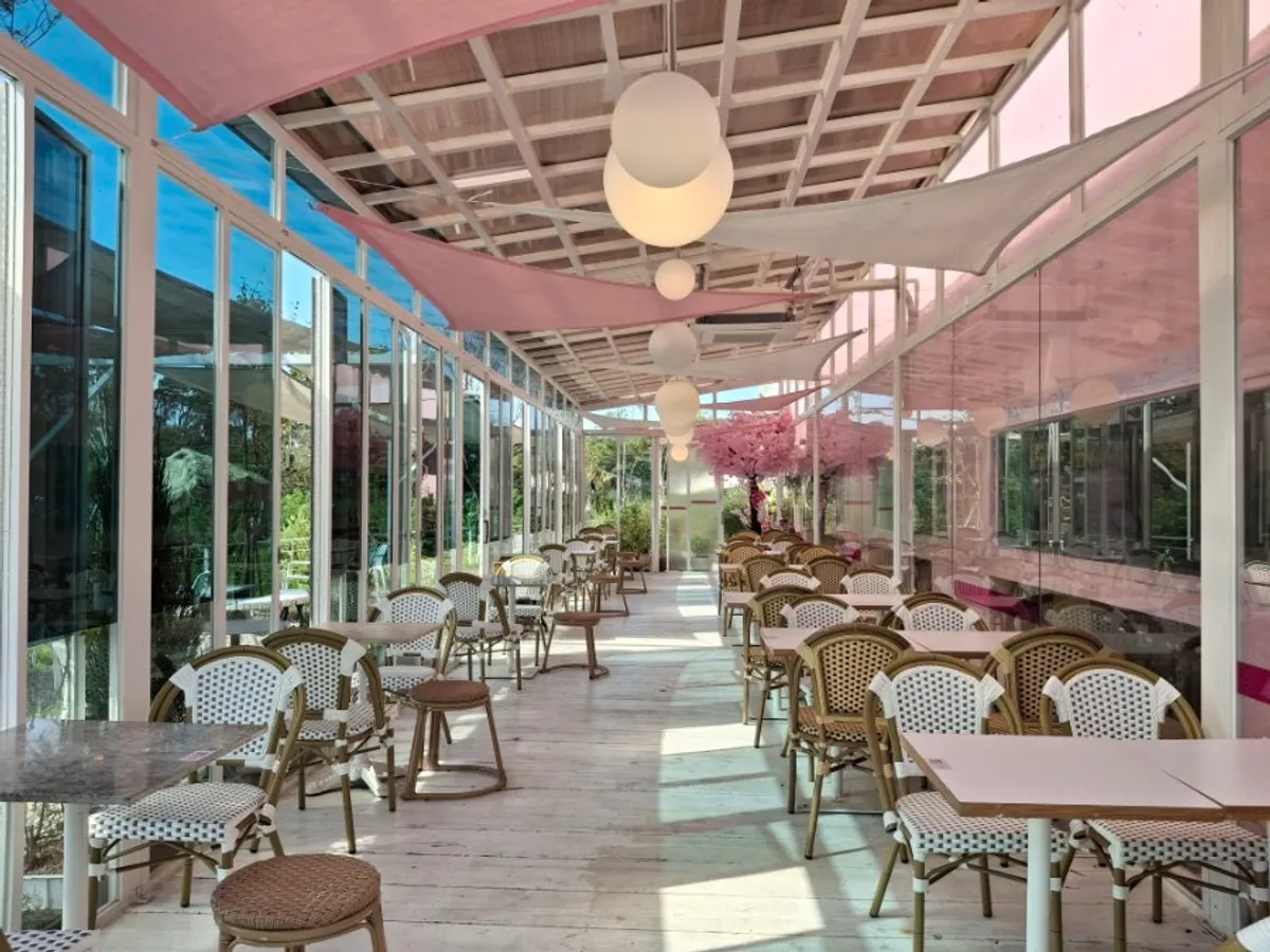 Pink exterior of Pink Wall Cafe in Yeongjong