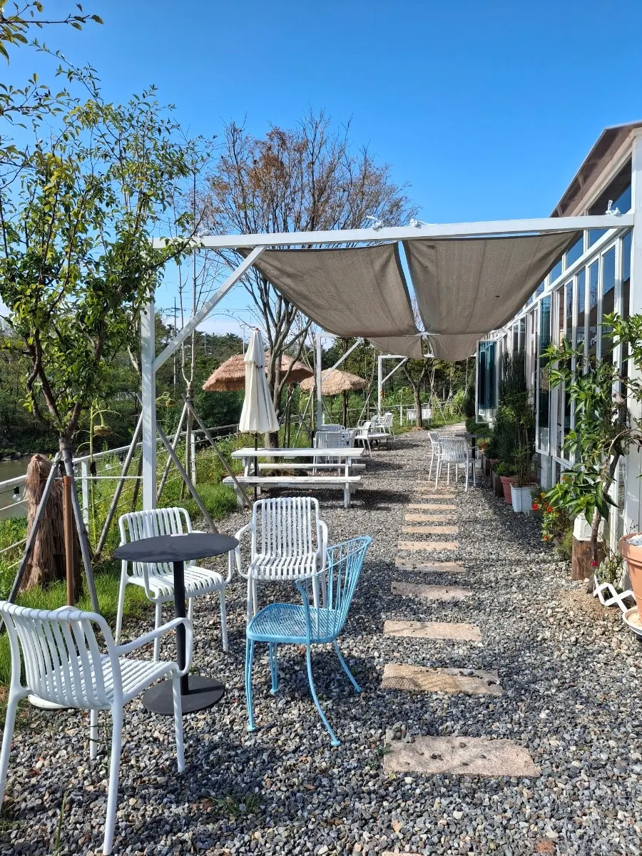 Outdoor area of Pink Wall Cafe with pink accents