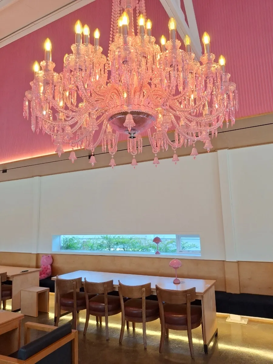 Interior with pink chandelier and props