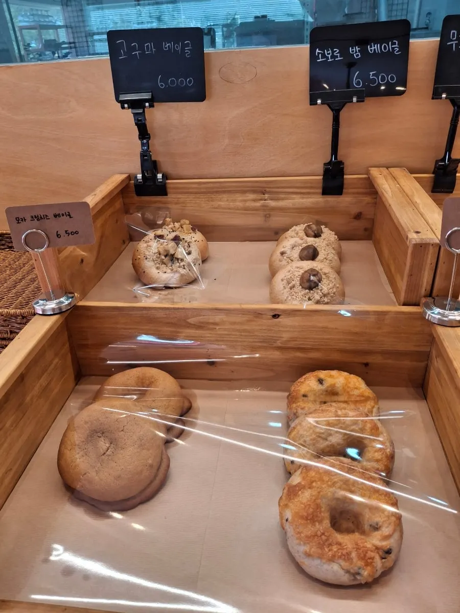 Bagel display case at Pink Wall Cafe