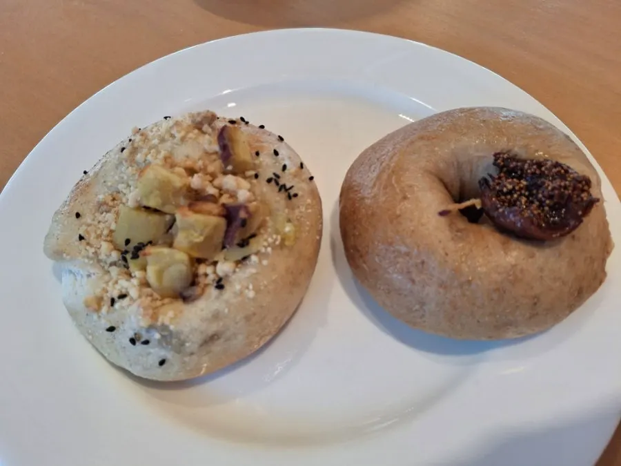 A plate with soboro chestnut bagel and fig bagel
