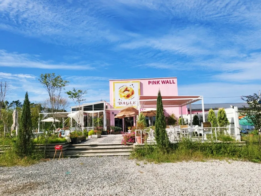 Exterior view of the pink-colored Pink Wall Cafe
