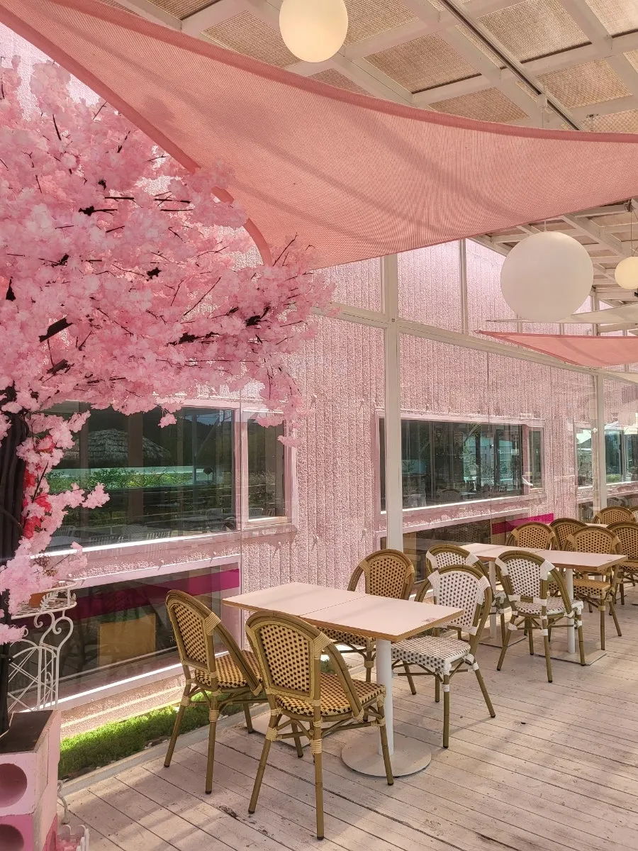 Outdoor terrace of Pink Wall Cafe with a river running alongside