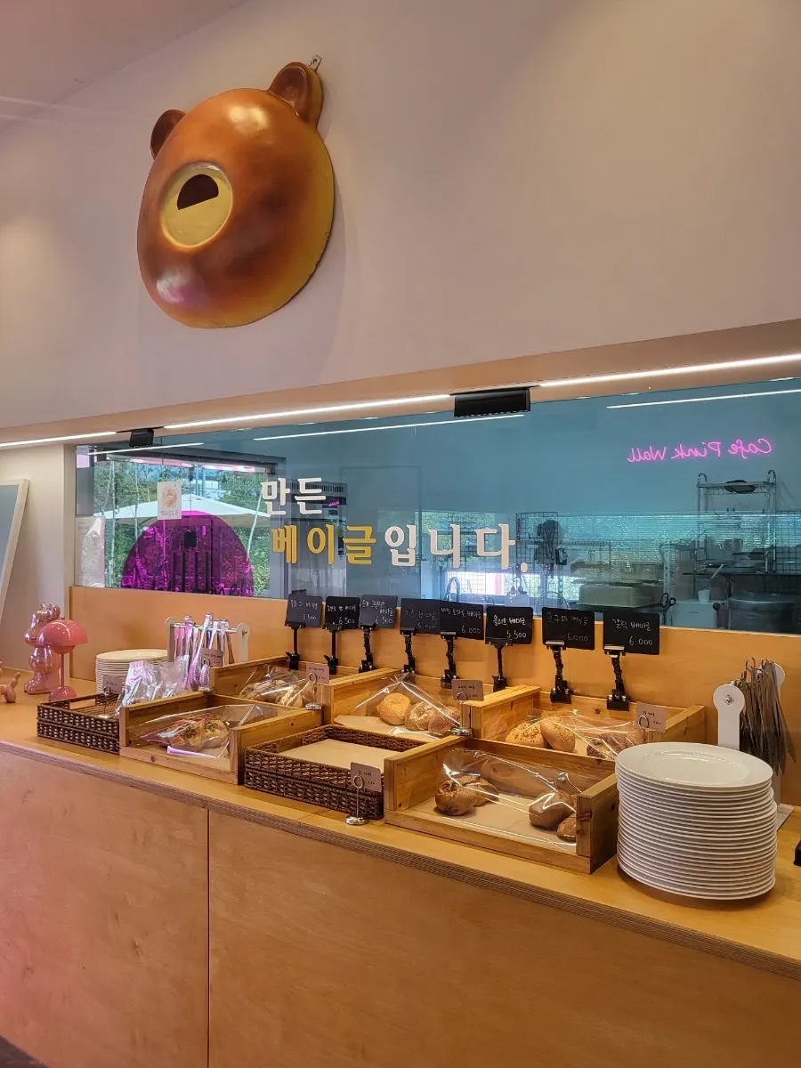 Bagels and bakery desserts displayed at the counter