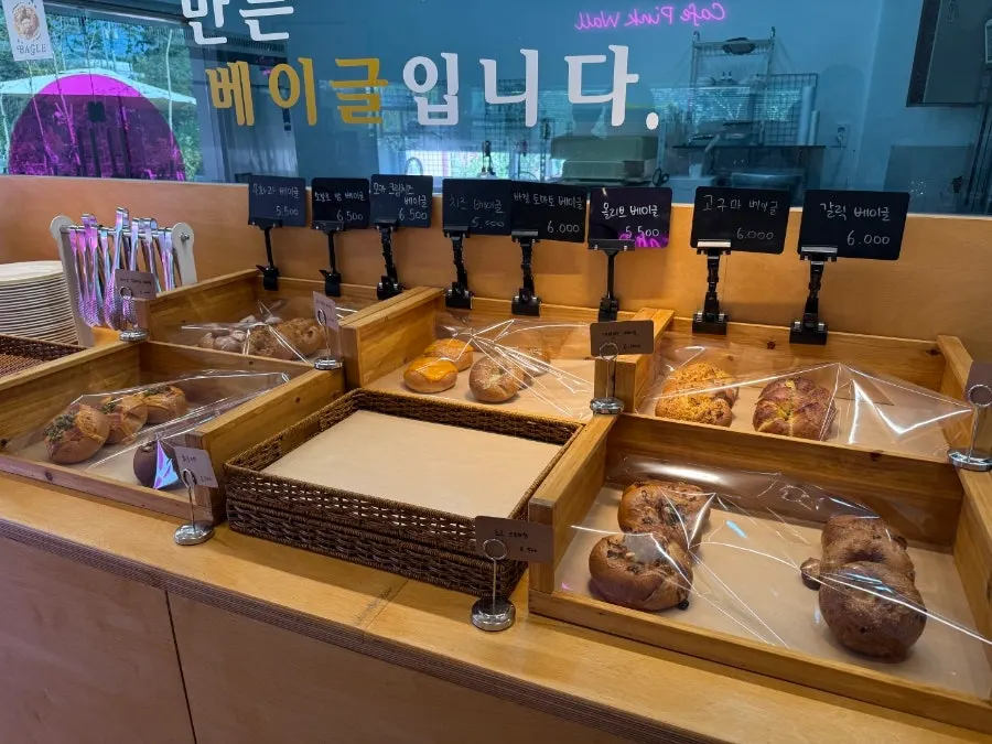 매장에서 직접 만든 베이글이 진열된 쇼케이스