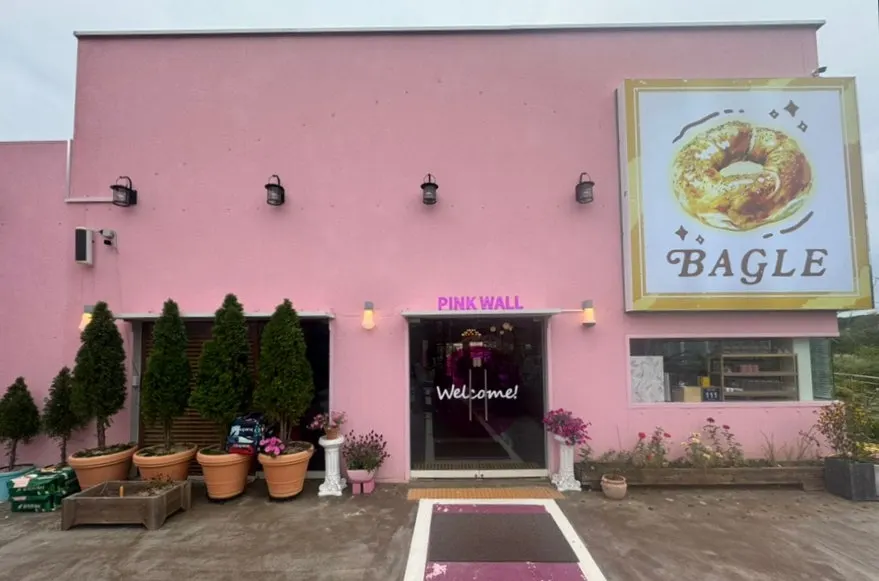 Full view of Pink Wall Cafe's pink exterior