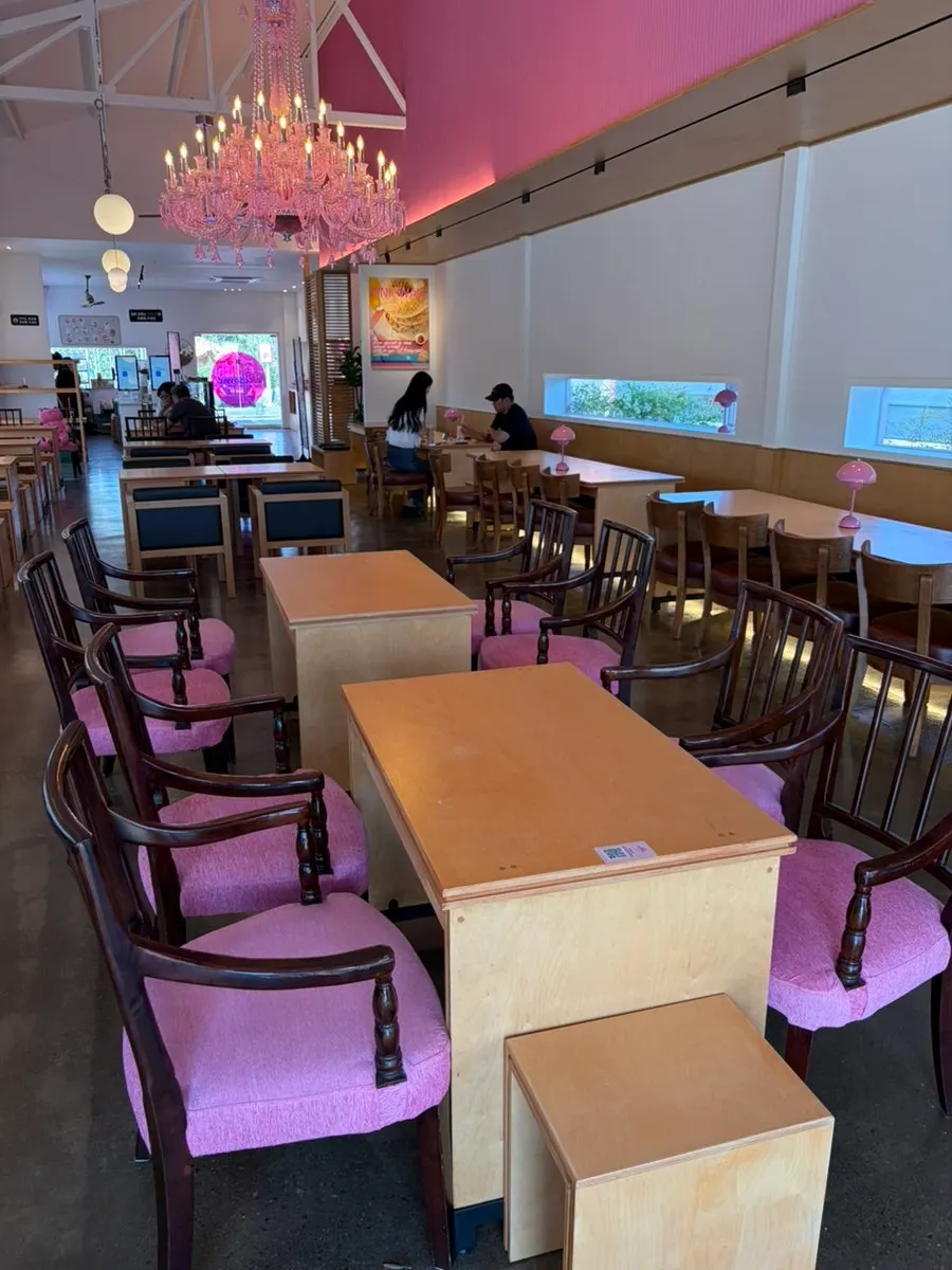 Café entrance with pink as the focal point
