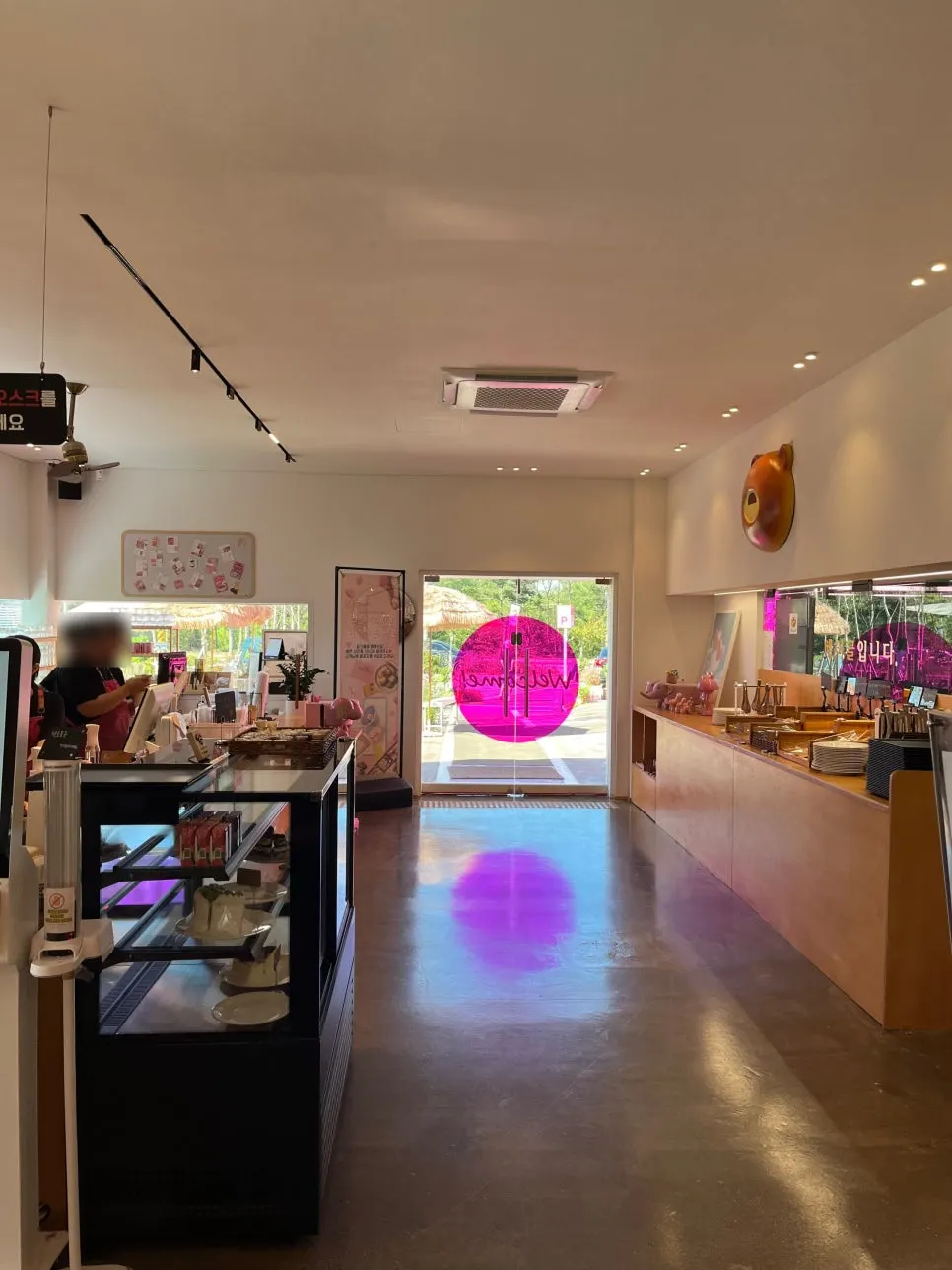 Pink chandelier on the café ceiling