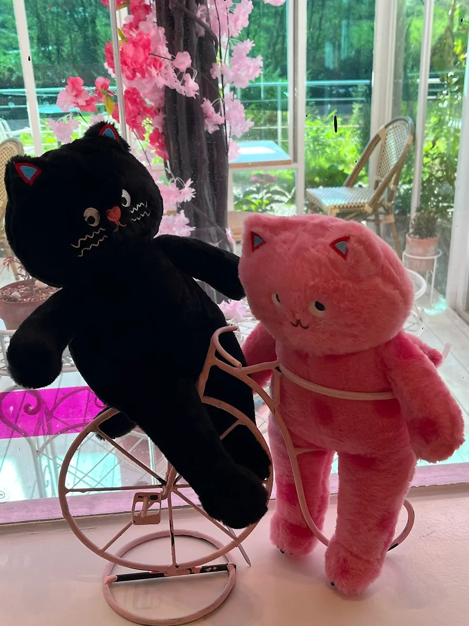Photo zone with pink cat doll and Belly Bear doll