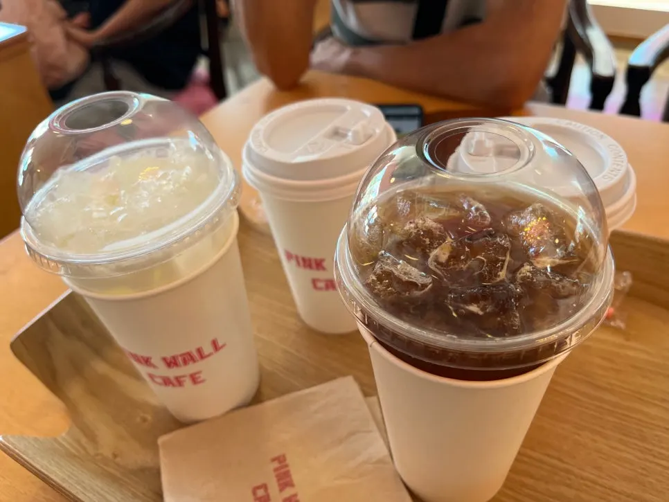 Full spread of ordered drinks and baked goods