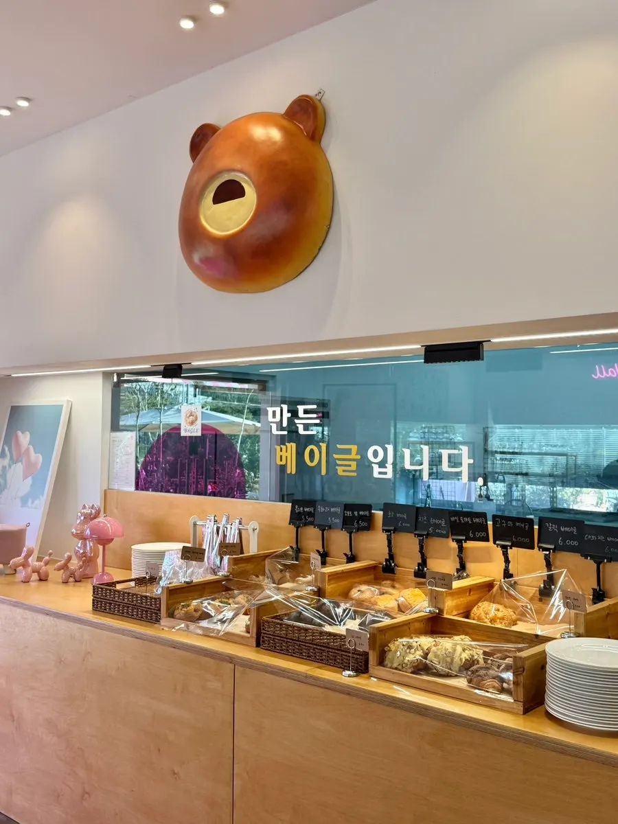 Bagel display case at Pink Wall Cafe