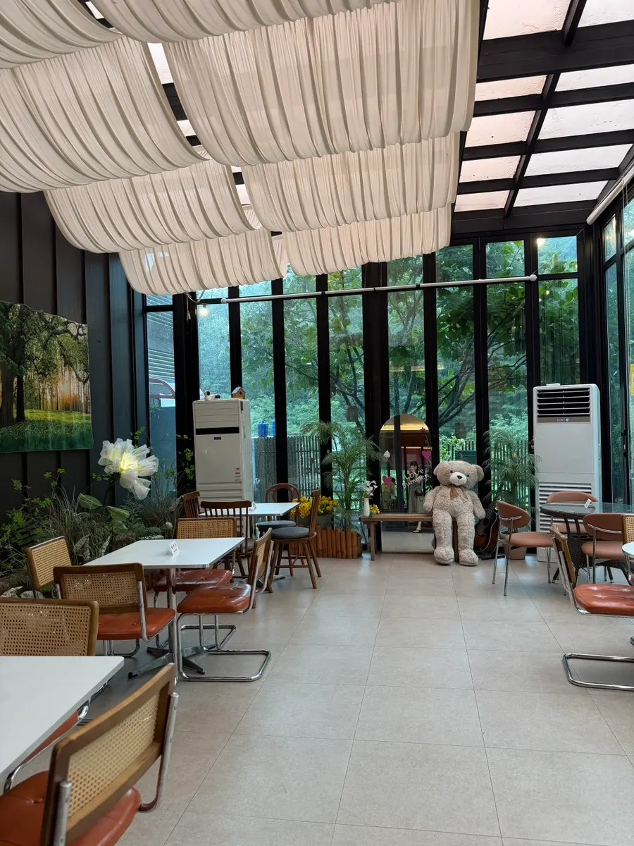 Forest-like seating inside the café