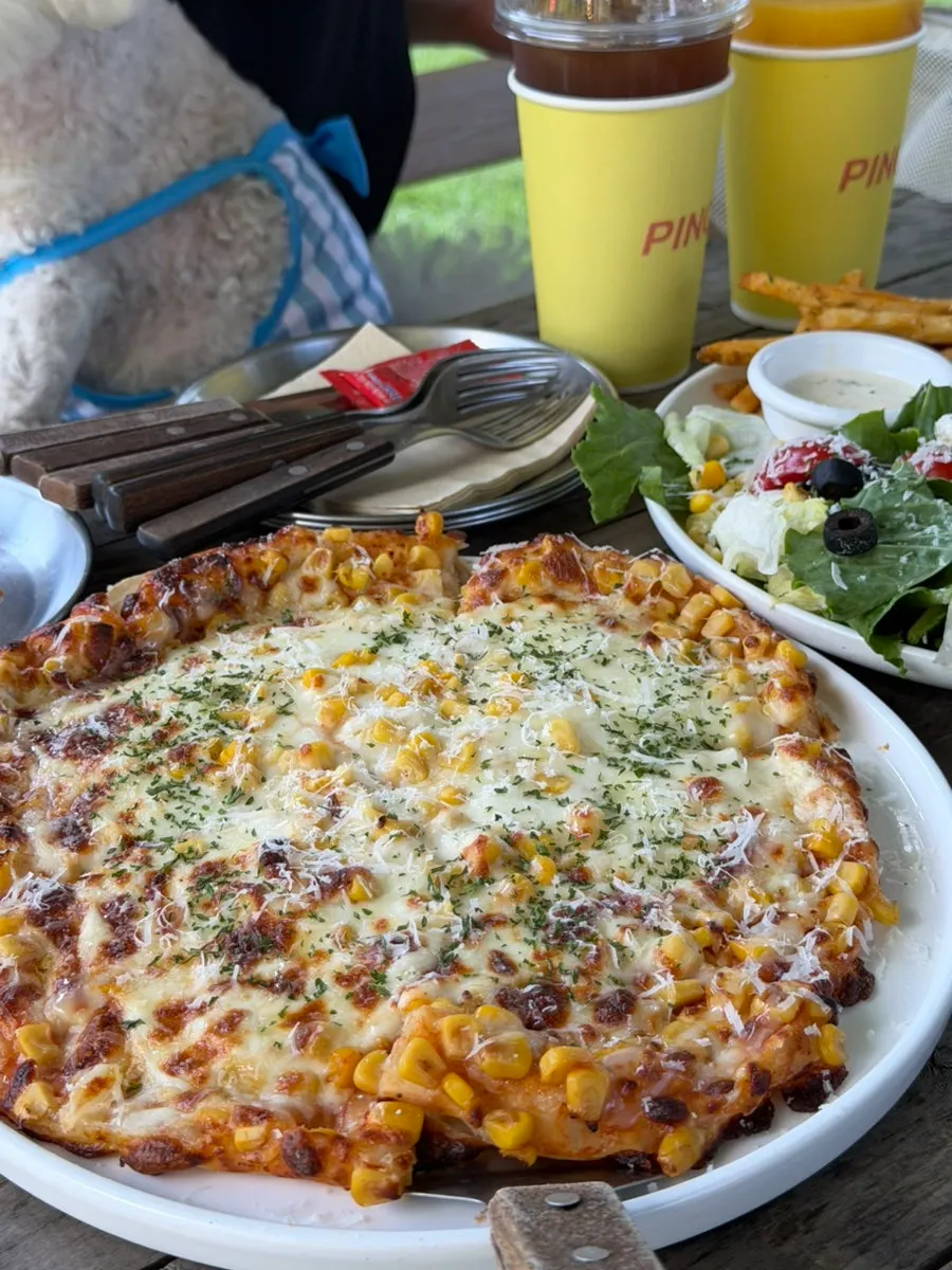 Croissant sandwich platter with salad, sausage, and fries