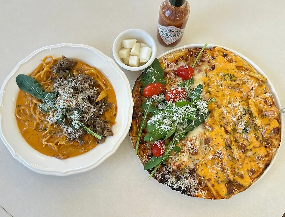 A full brunch spread set out on the table at Pino Cafe