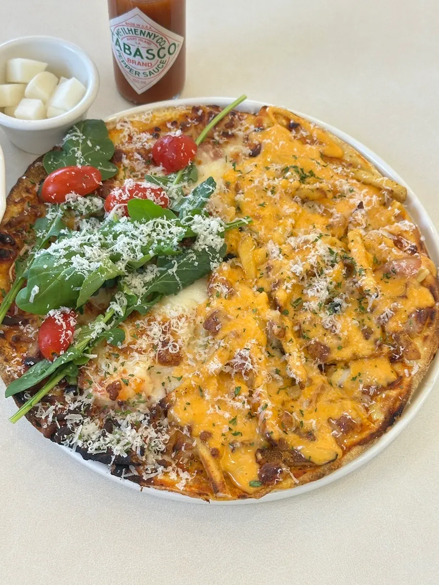 Half-and-half pizza with shrimp and potato