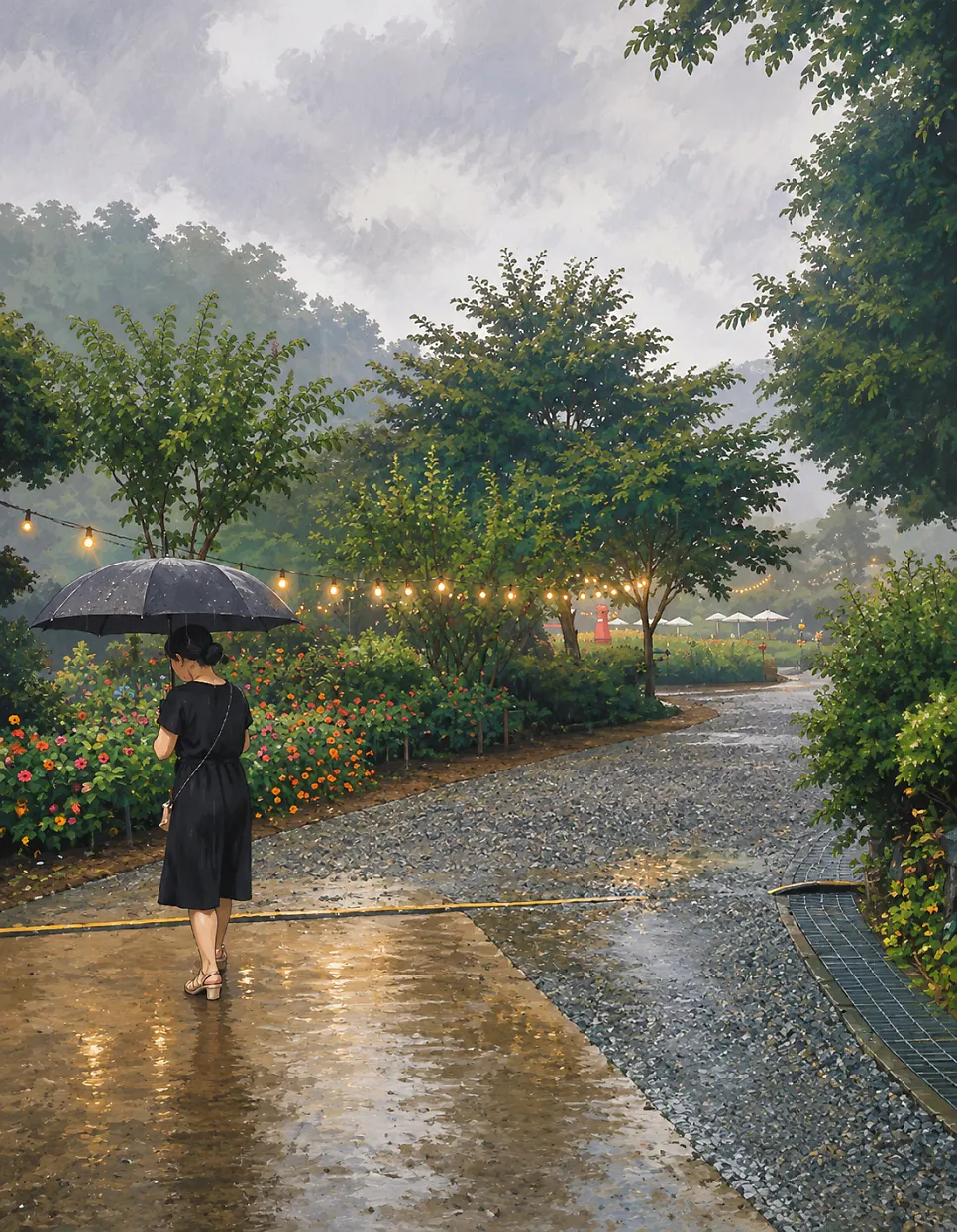 Friend walking through the garden with an umbrella