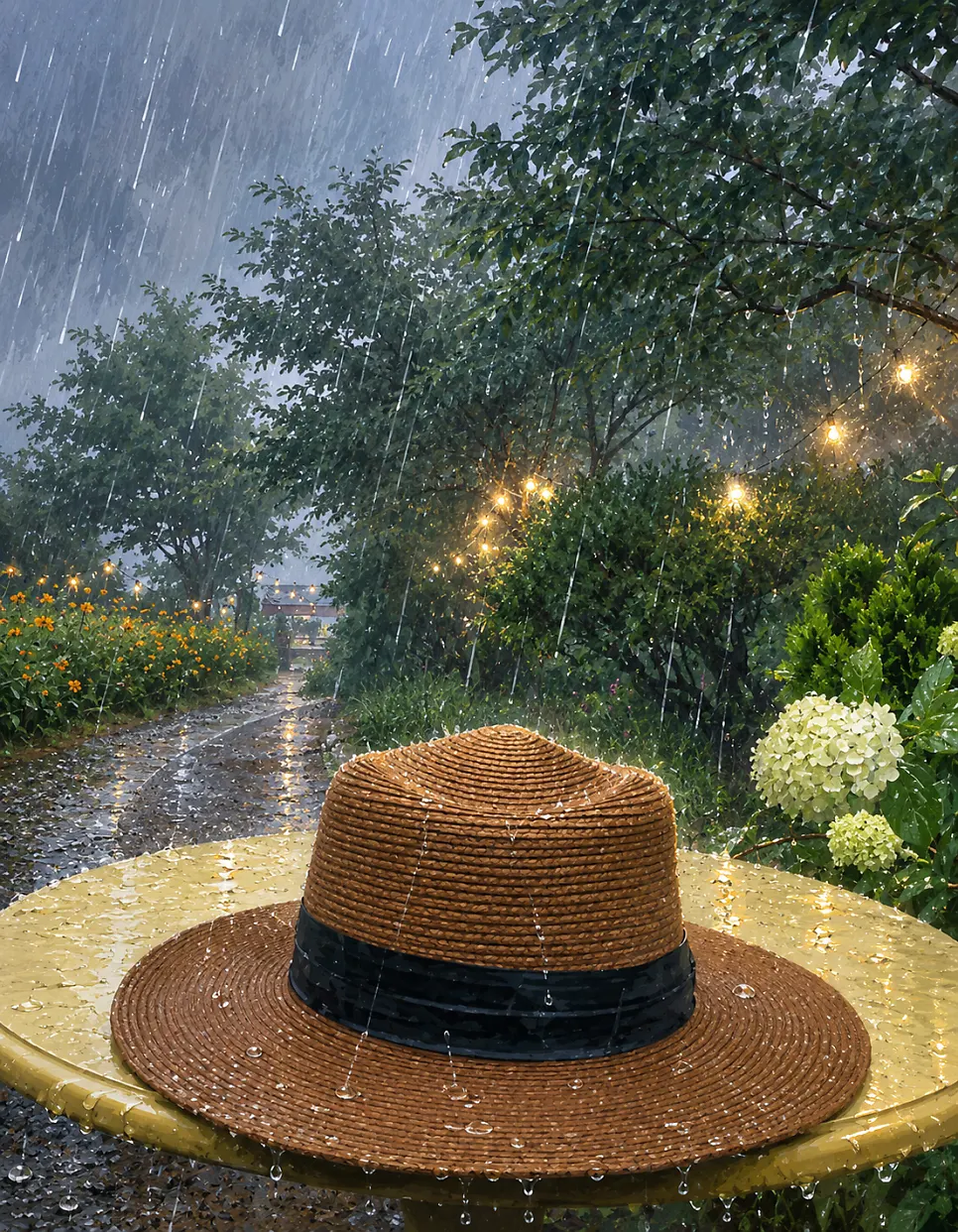 Pino Cafe's garden as rain begins to fall