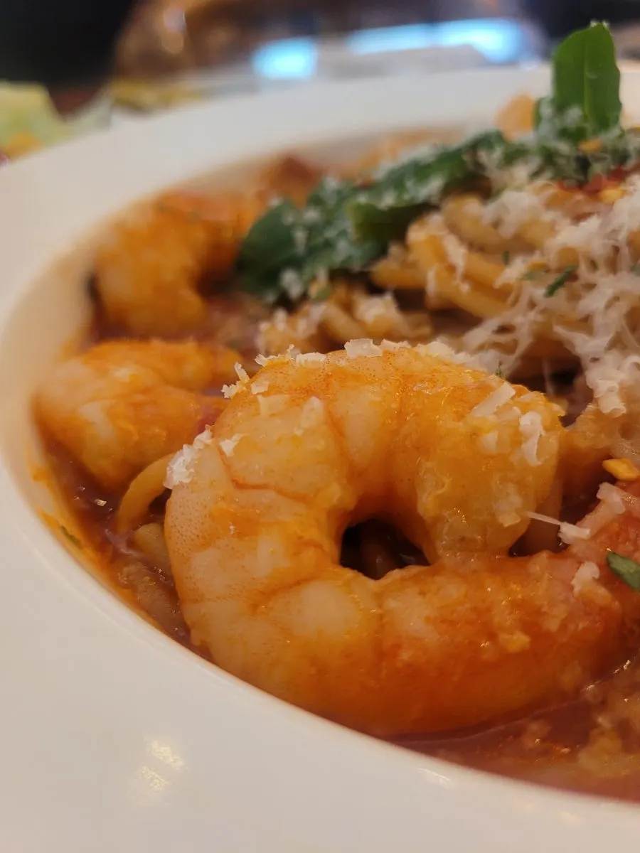 Tomato pasta topped with shrimp, cheese, and arugula