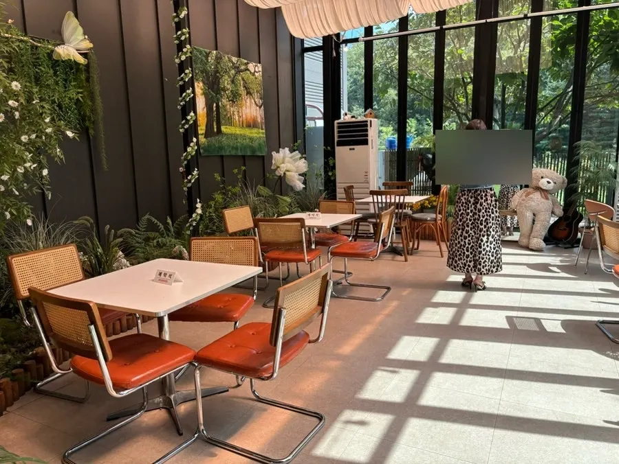 Inside the Pino Cafe main building with garden views through glass walls