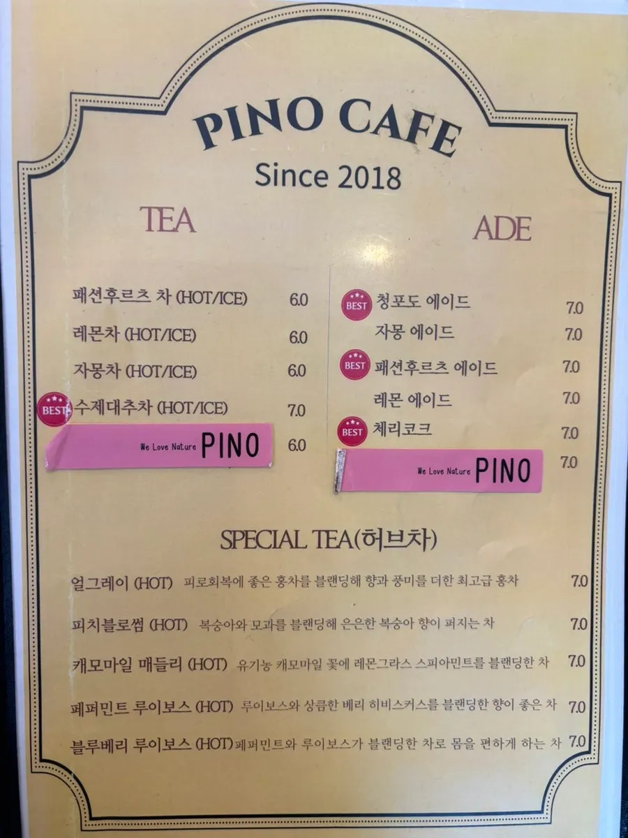 Pino Cafe's pasta menu board