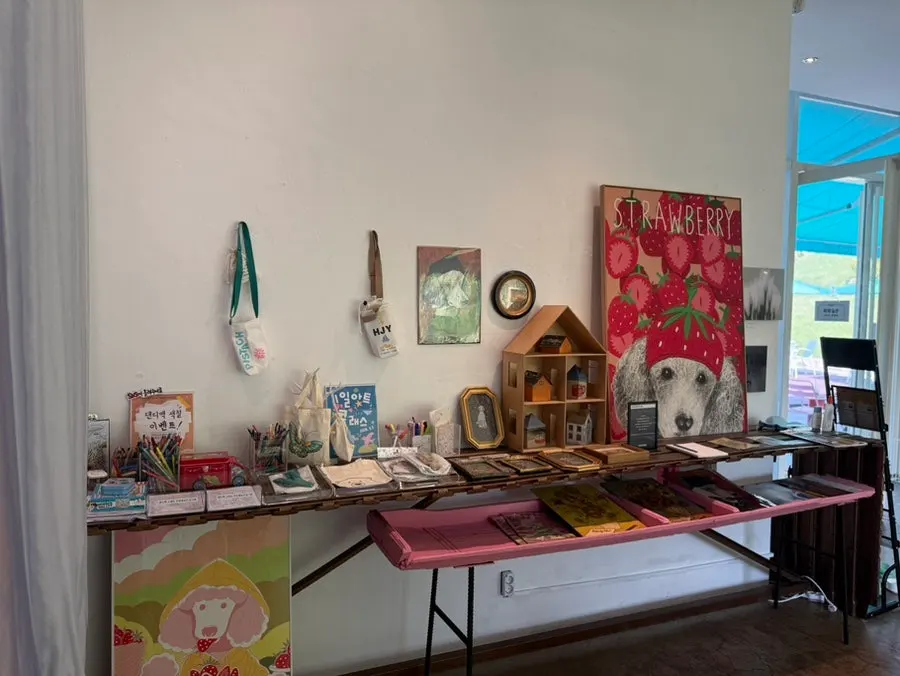 A corner of the café interior with mascot dog Mac