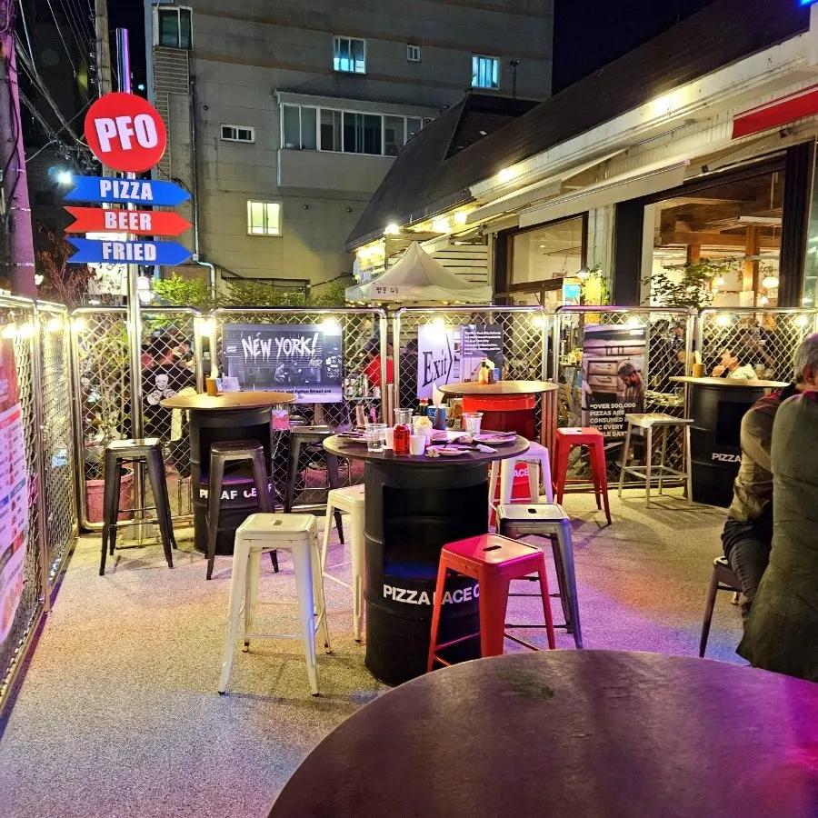 Outdoor tables with beer garden atmosphere