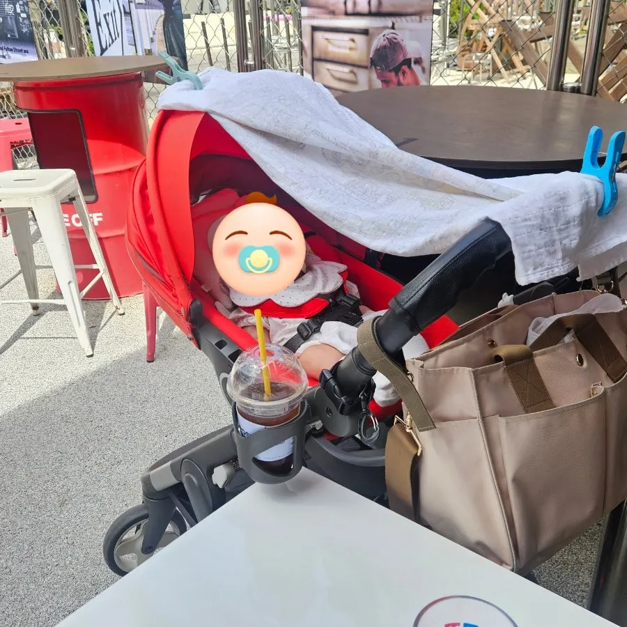 Stroller parked in the shaded patio spot