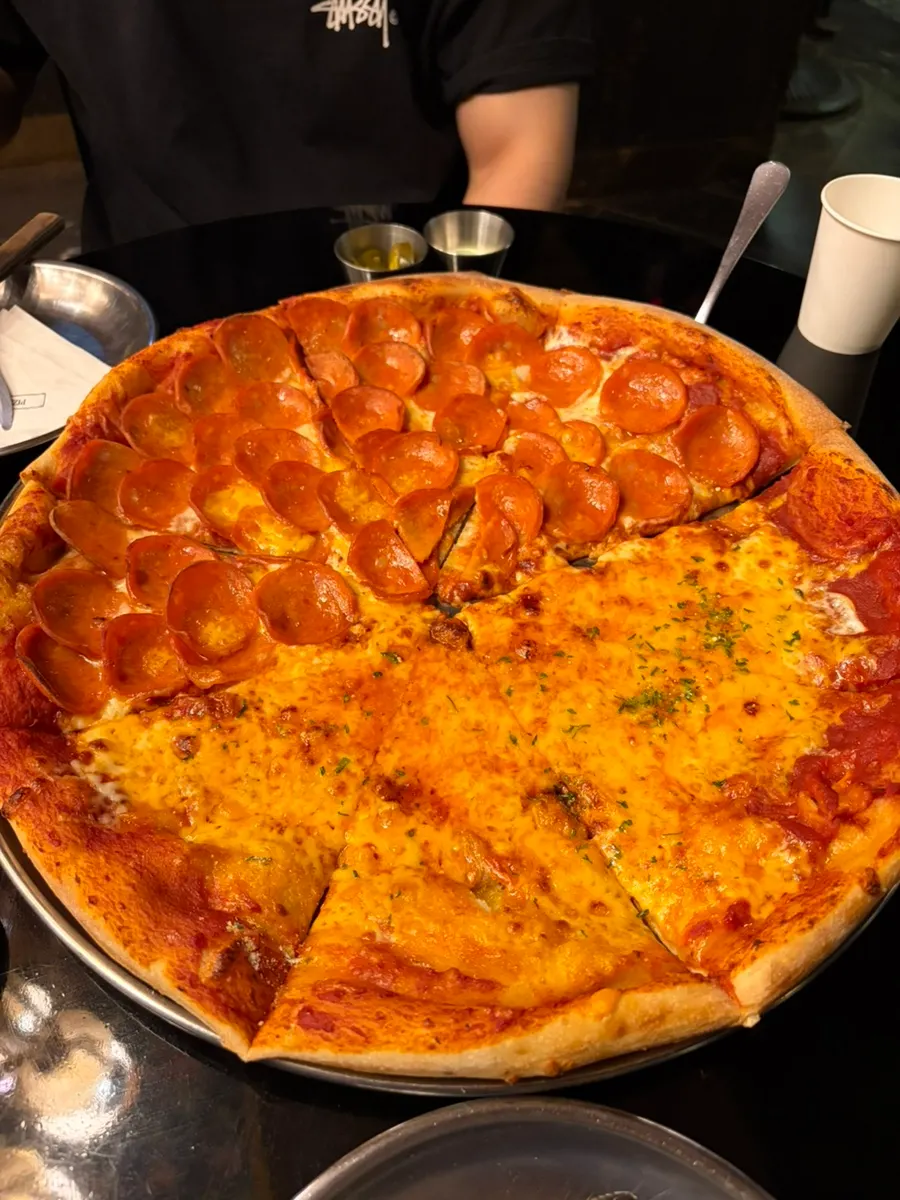 Cheese and pepperoni half-and-half large pizza