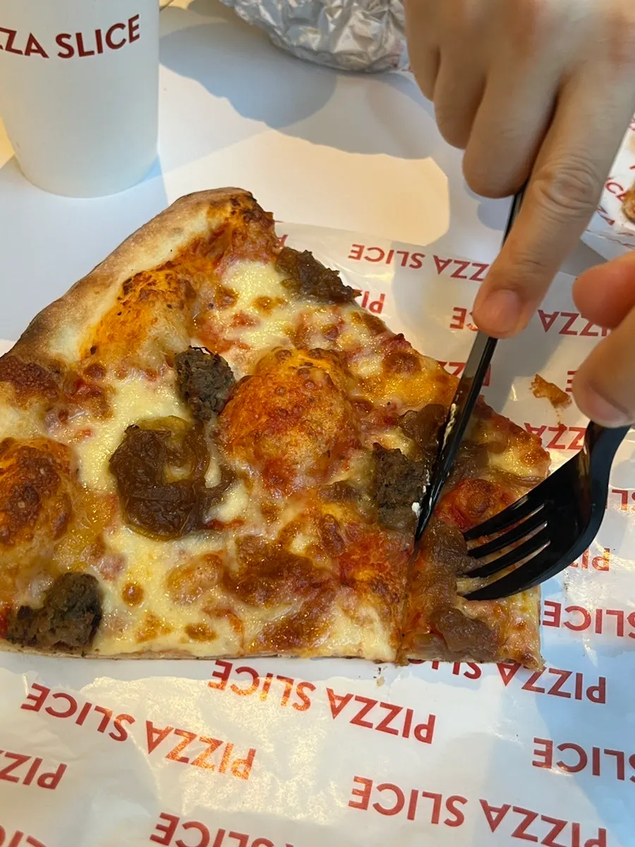 Pizza slice showing its crispy bottom crust