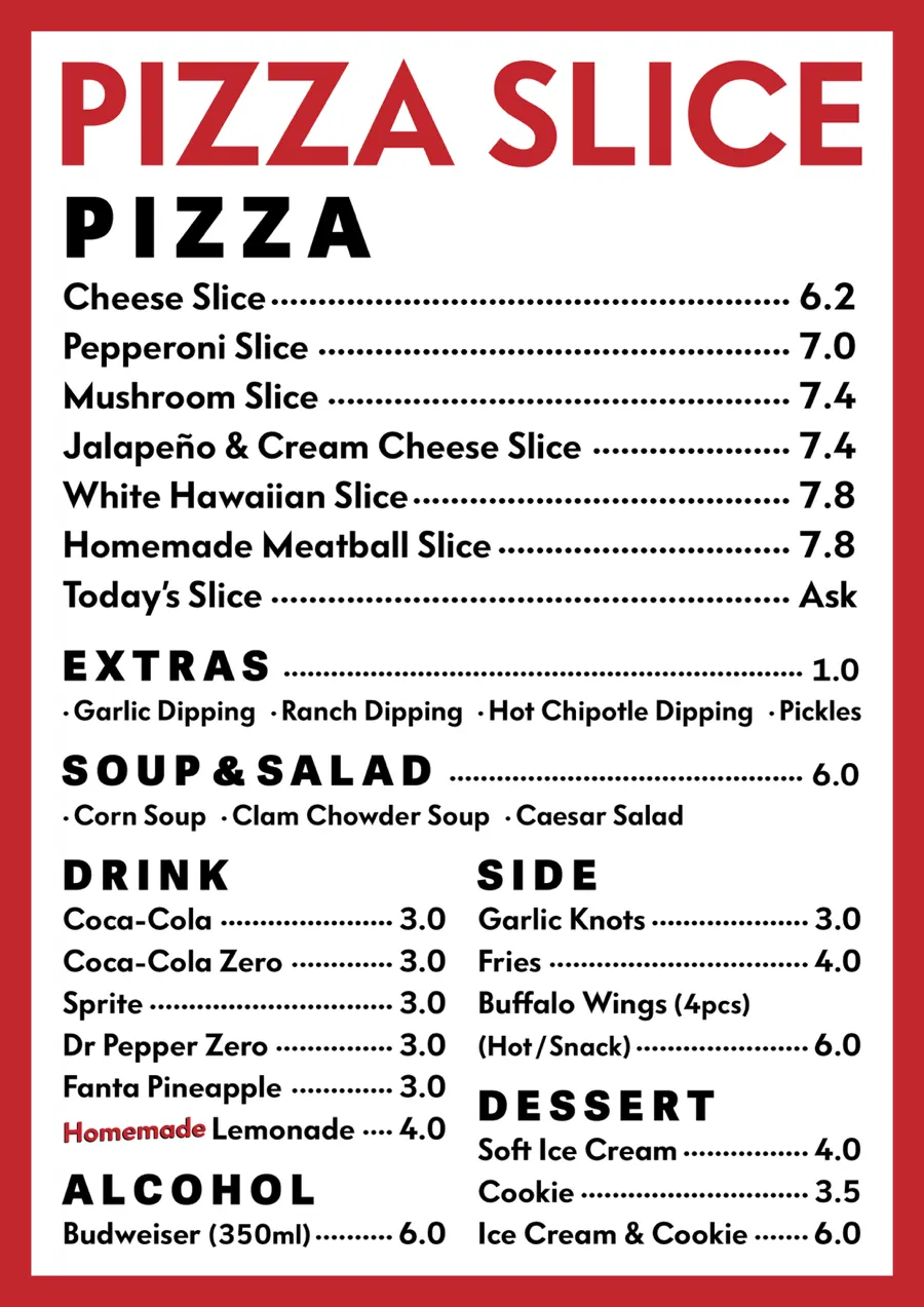 Menu and prices for sides and drinks