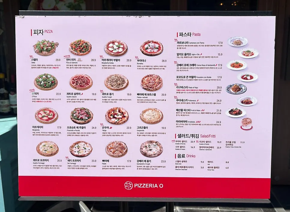 Pizza and pasta menu board standing near the entrance