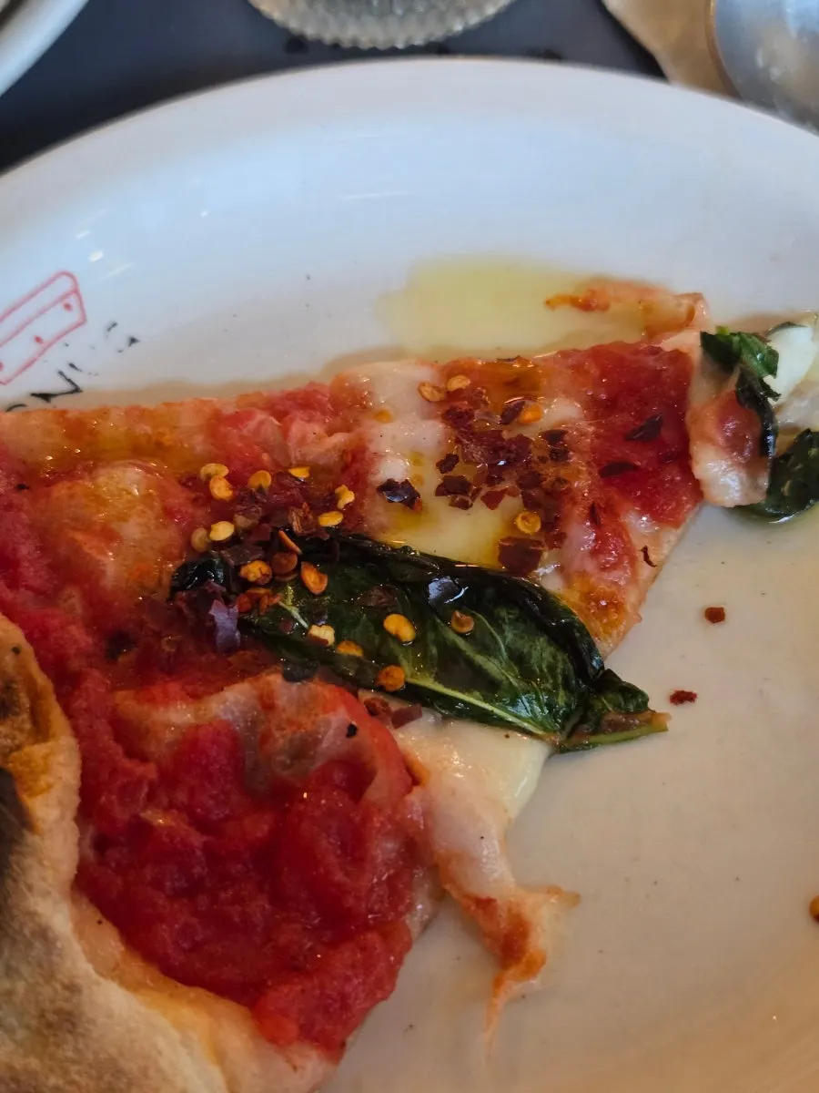 Close-up of a margherita pizza slice