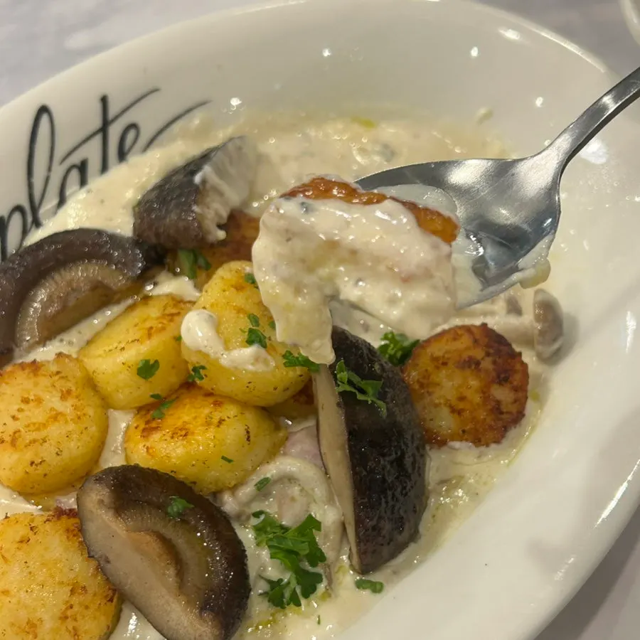 Potato gnocchi coated in thick cream sauce