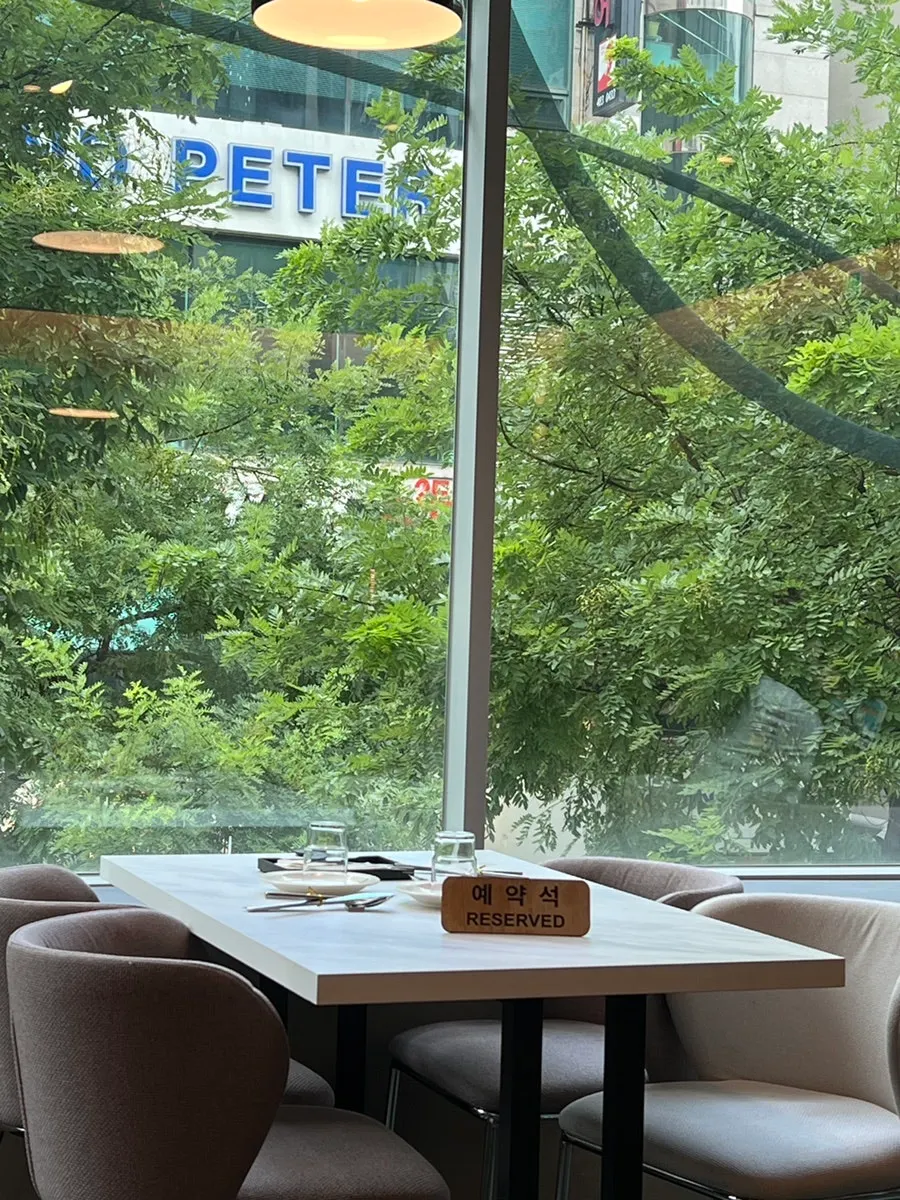 Window view of green trees at Plate Dunsan Branch