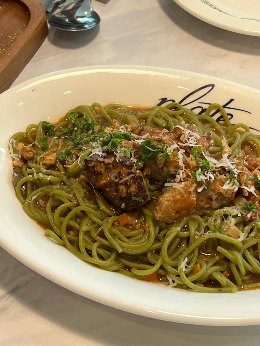 Classic meatball Bolognese switched to spinach fresh noodles